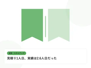 開いた本と上向きの矢印で、資格取得やスキルアップを表したイラストに「見積り1人日、実績は2.6人日だった」という見出しを添えたアイキャッチ画像