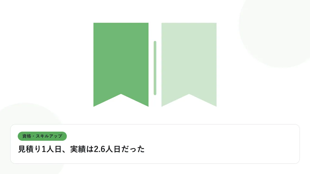 開いた本と上向きの矢印で、資格取得やスキルアップを表したイラストに「見積り1人日、実績は2.6人日だった」という見出しを添えたアイキャッチ画像