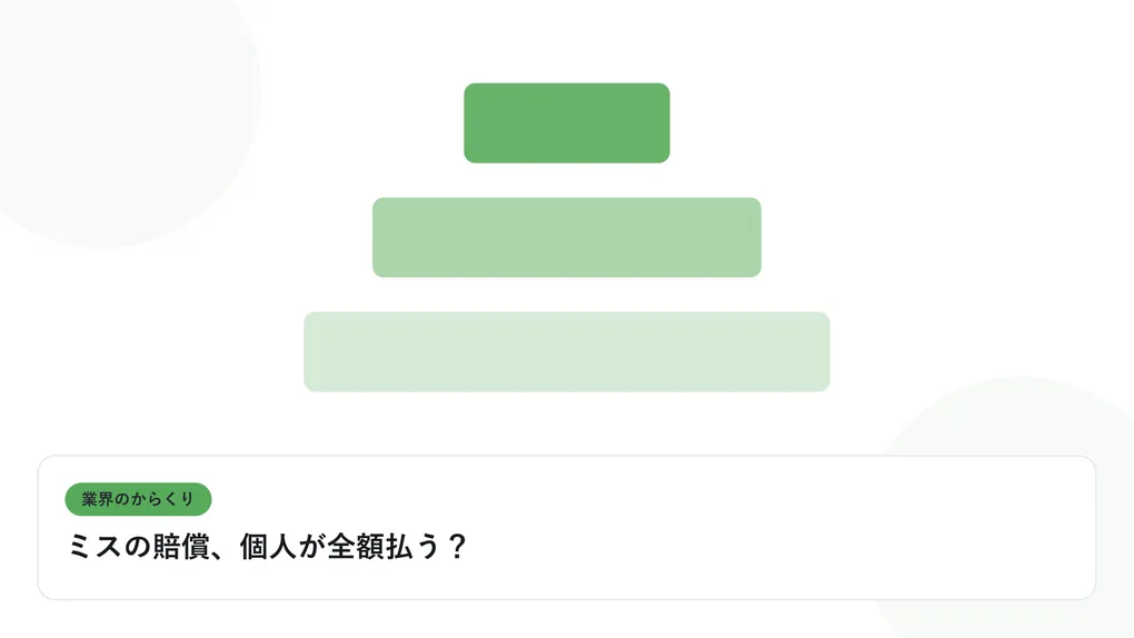 階層状に重なる四角形の構造図で、多重下請けの業界構造を表したイラストに「ミスの賠償、個人が全額払う?」という見出しを添えたアイキャッチ画像