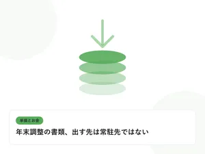 積み上がるコインと下向きの矢印で、単価と給与のギャップを表したイラストに「年末調整の書類、出す先は常駐先ではない」という見出しを添えたアイキャッチ画像
