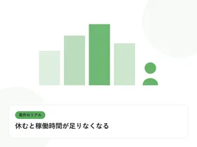 PCの前に座る人物のシルエットと現場のビル群を表し、案件のリアルを表したイラストに「休むと稼働時間が足りなくなる」という見出しを添えたアイキャッチ画像