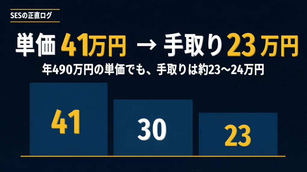 積み上がるコインと下向きの矢印で、単価と給与のギャップを表したイラストに「単価と月収の差を、現場ごとの実数で比べる」という見出しを添えたアイキャッチ画像