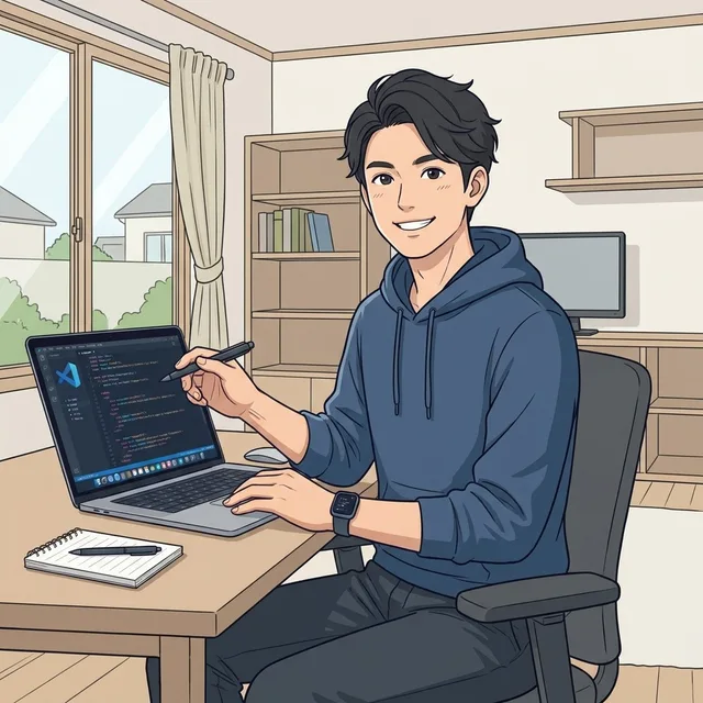 運営者のイメージイラスト。自宅でノートPCに向かうエンジニア